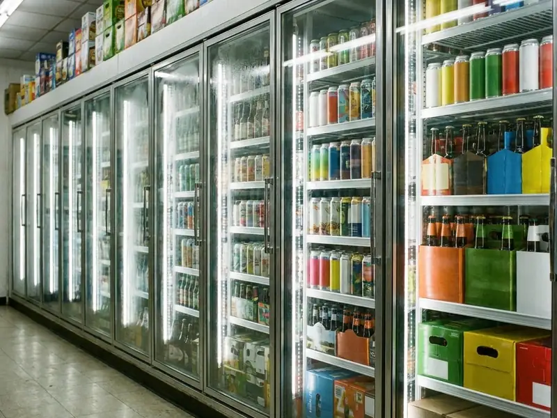Wall of glass-door beer coolers stocked with cold cans, bottles and cases