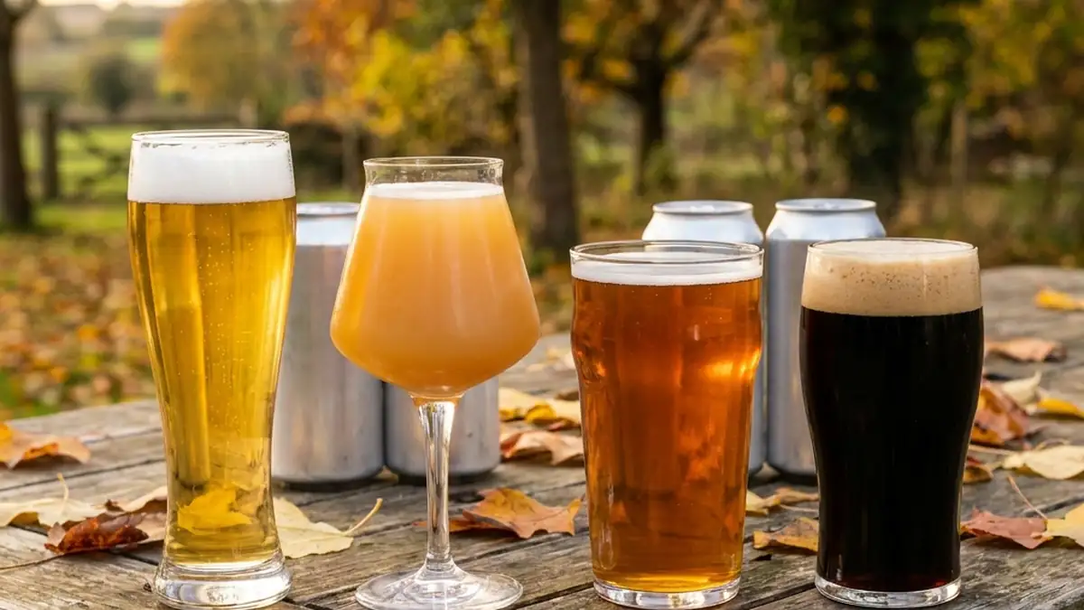 Row of unlabelled beer glasses from pale golden lager to dark stout on a wooden bar top