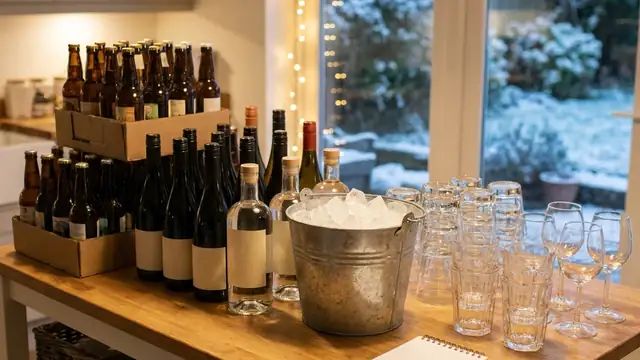 Kitchen island set up for a party with beer, wine and spirit bottles, an ice bucket, glasses and a blank notepad