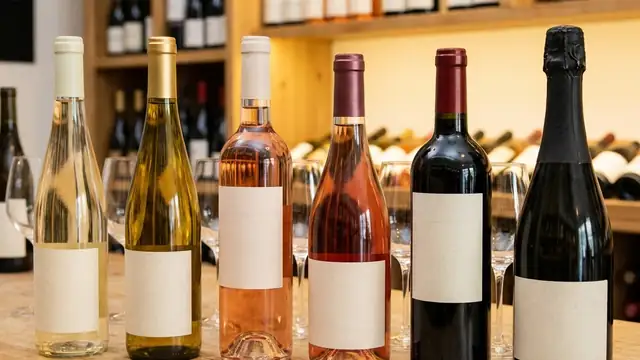 Rows of unlabelled red, white and rosé wine bottles on wooden store shelves with soft warm lighting