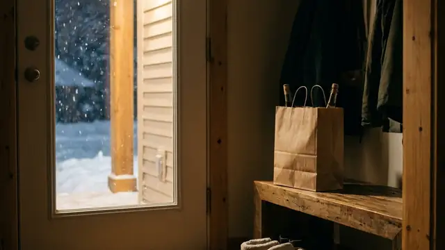 A closed brown paper delivery bag on a bench inside a front door on a snowy evening