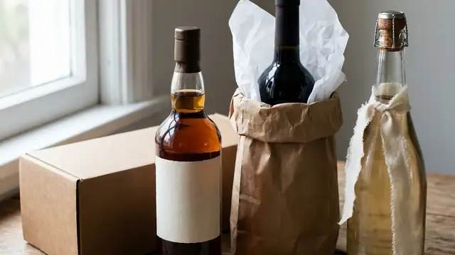 Unlabelled whisky and wine bottles wrapped with twine and kraft paper next to a gift tag and glasses