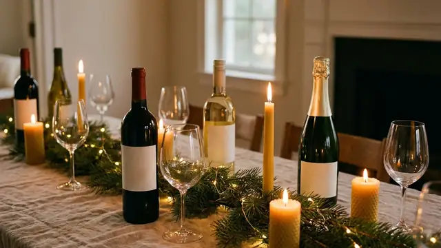 Holiday table set with red, white and sparkling wine bottles, empty glasses, candles and pine branches