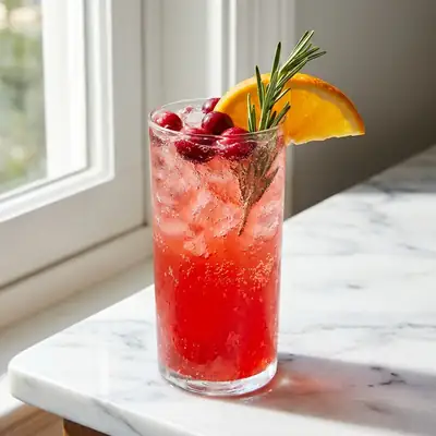 Red cranberry ginger fizz mocktail with ice, cranberries, rosemary and orange on a marble counter