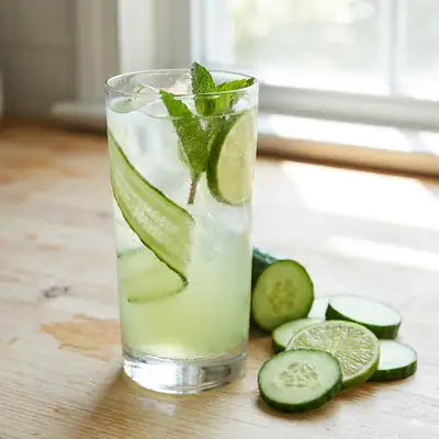 Cucumber mint cooler mocktail with a cucumber ribbon, mint and lime in a tall glass on a wooden counter