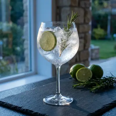 Gin and tonic in a balloon glass with ice, a lime wheel and rosemary on a slate counter