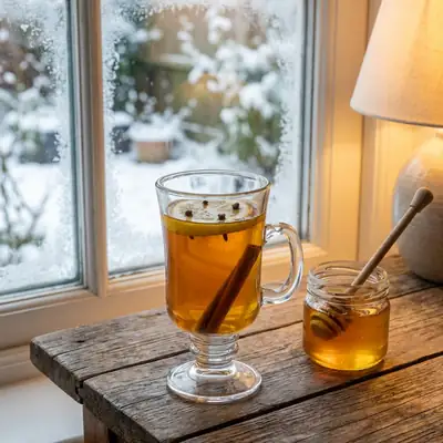 Hot toddy in a glass mug with a clove-studded lemon slice and cinnamon stick by a frosty window