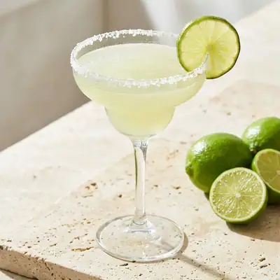 Margarita in a coupe glass with a salted rim and a lime wheel next to halved limes on a stone counter