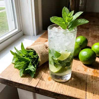 Mojito with crushed ice, mint leaves and lime wedges in a tall glass beside fresh mint and limes