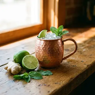 Moscow mule in a hammered copper mug with ice, lime and mint beside limes and fresh ginger