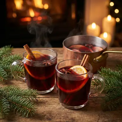 Two glass mugs of mulled wine with orange slices, cinnamon and star anise beside a saucepan and pine branches