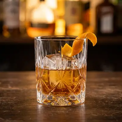 Old fashioned cocktail with a large ice cube and an orange peel twist in a cut-glass rocks glass