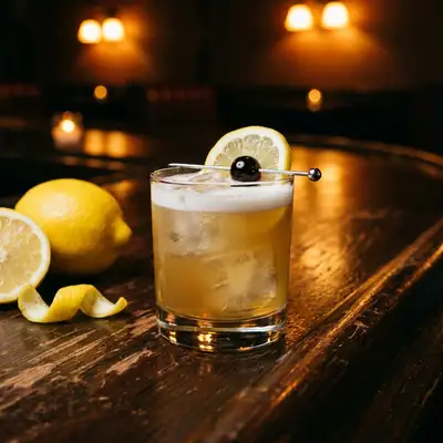 Whisky sour with foam, a lemon wheel and a cherry in a rocks glass next to fresh lemons