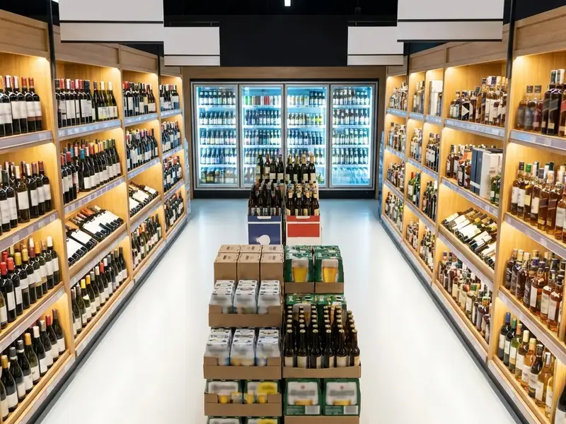 Liquor store aisle with lit shelves of wine and spirits, a beer case stack and coolers at the back