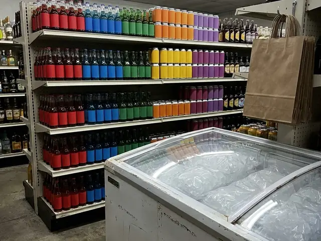 Shelf of mixers in assorted bottles and cans beside a store freezer
