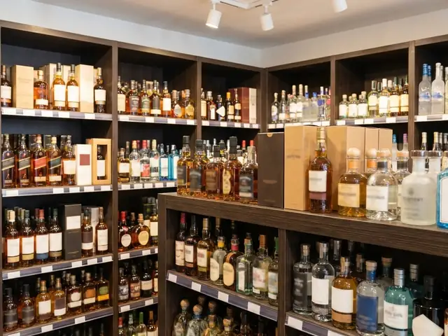Shelves of whisky, vodka, rum, tequila and gin bottles in a liquor store