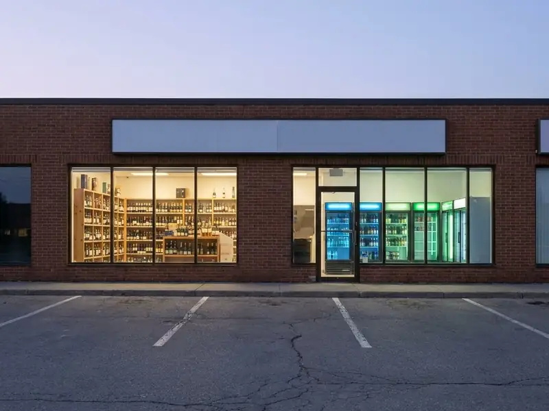 Strip-mall liquor store at dusk with lit windows showing bottle shelves and beer coolers