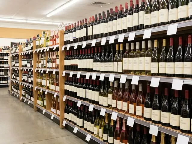 Liquor store wine aisle with shelves of red, white, rosé and sparkling wine